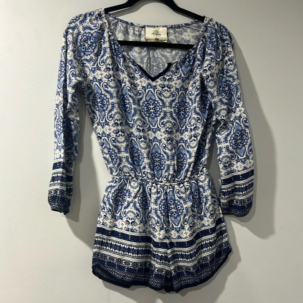 Blue & White Printed Romper - Lightweight Boho Jumpsuit